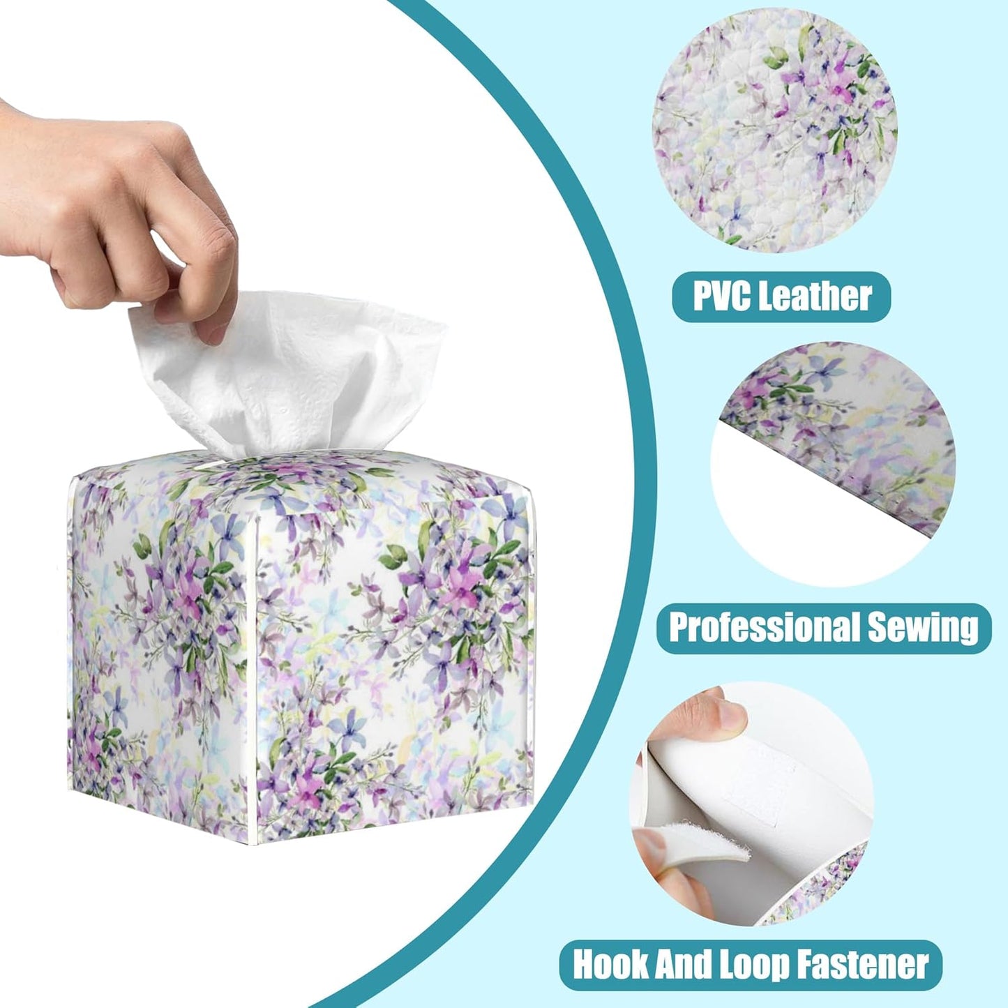Watercolor Wild Flowers Tissue Box Holder,Purple Flowers Square Leather Tissue Box Cover with Bottom Belt,Modern Napkin Holder Organizer for Car Bathroom Nightstand Vanity Office,5.2" x 5.2" x 5.2"