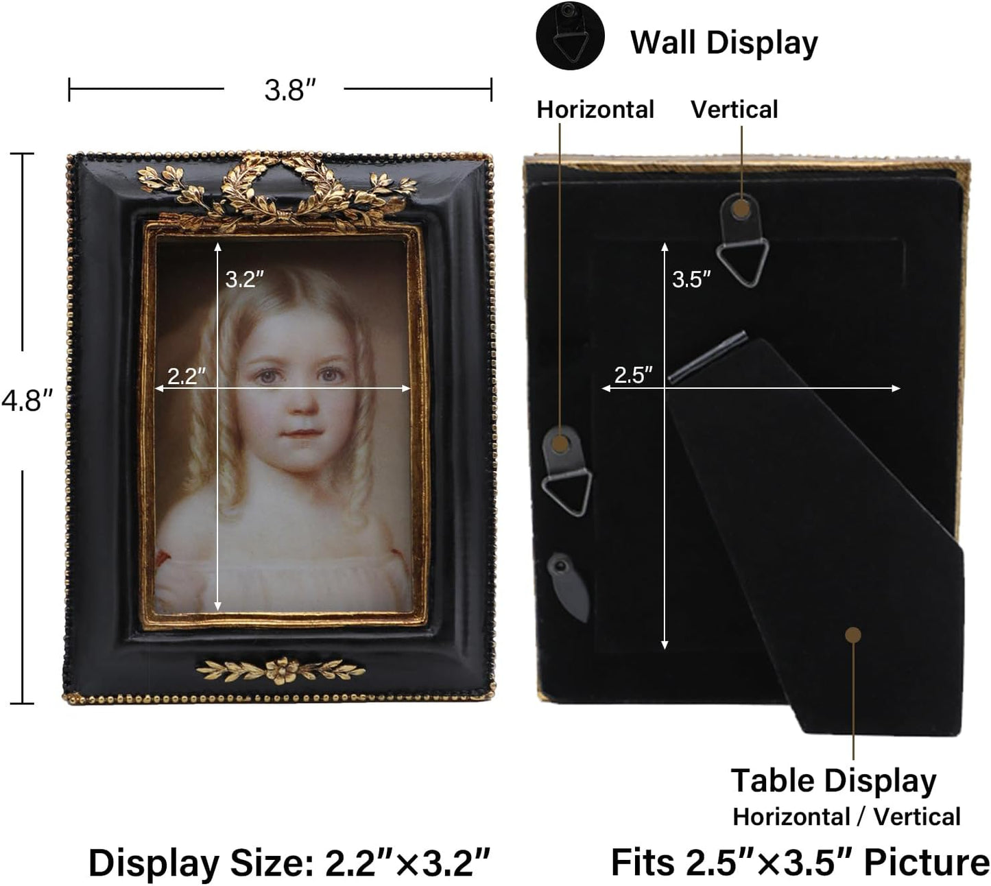 SYLVIA'S SHOP 2.5x3.5 Small Vintage Picture Frame, Mini Antique Ornate Photo Frame, for Tabletop and Wall Display, Retro Home Decor, Old Fashioned Photo Gallery Art, Black and Gold