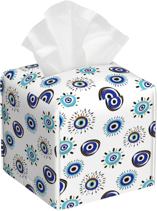 Evil Eye Tissue Box Cover Leather Tissue Box Holder Square Facial Paper Organizer Dispenser for Bathroom Kitchen Bedroom Vanity Countertop Night Stands
