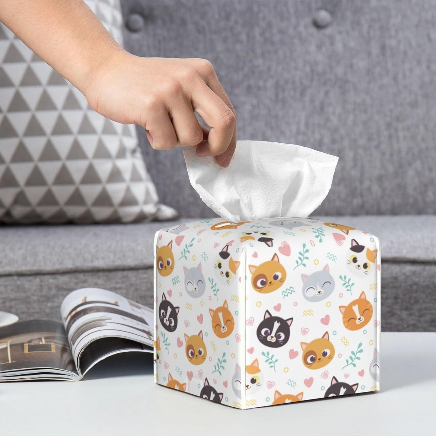 Tissue Box Cover Square, Cute Cats Face with Hearts Leather Tissue Box Holder Decorative Organizer for Bathroom, Home Office Car Decor