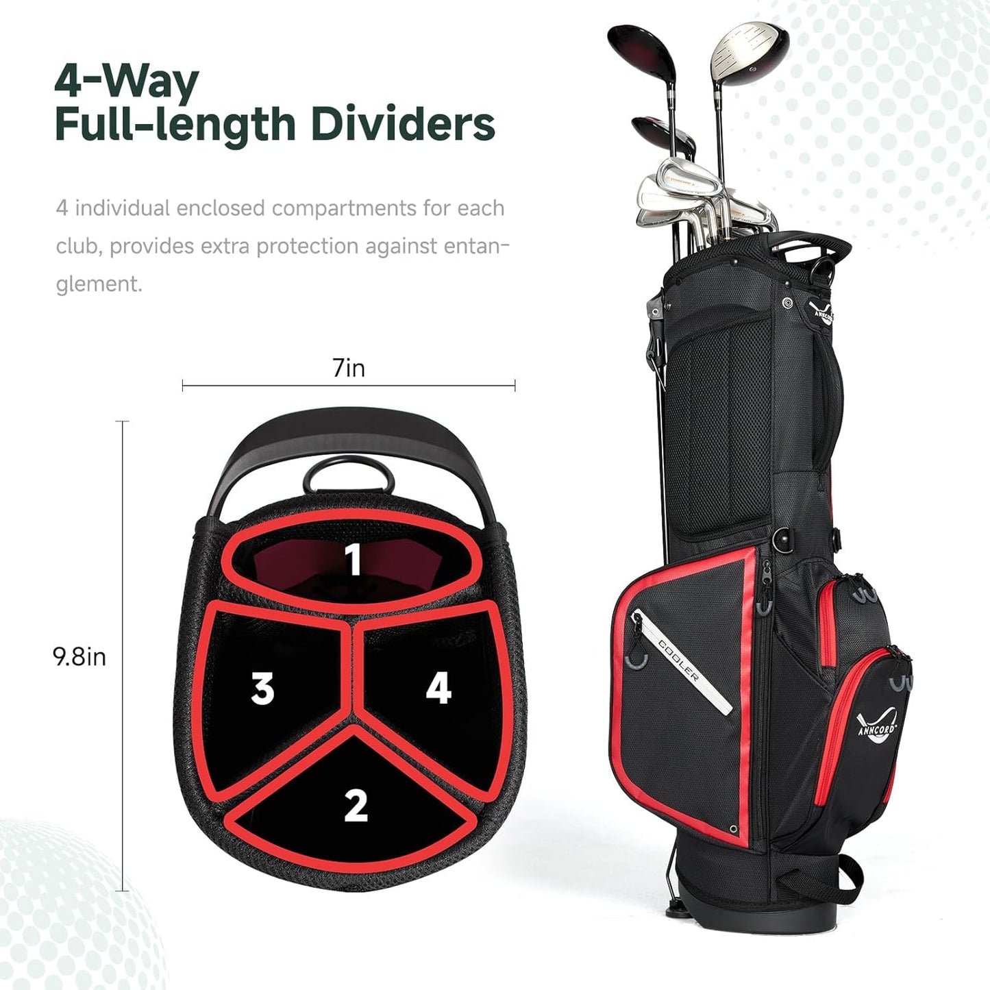 Golf Stand Bag with 4 Way Full Length Dividers, 4.4 Lbs Lightweight Golf Bag for Men Women, Waterproof Golf Carry Bags w/Stand, 7 Pockets & Cooler Pouch, Dual Straps, Rain Hood