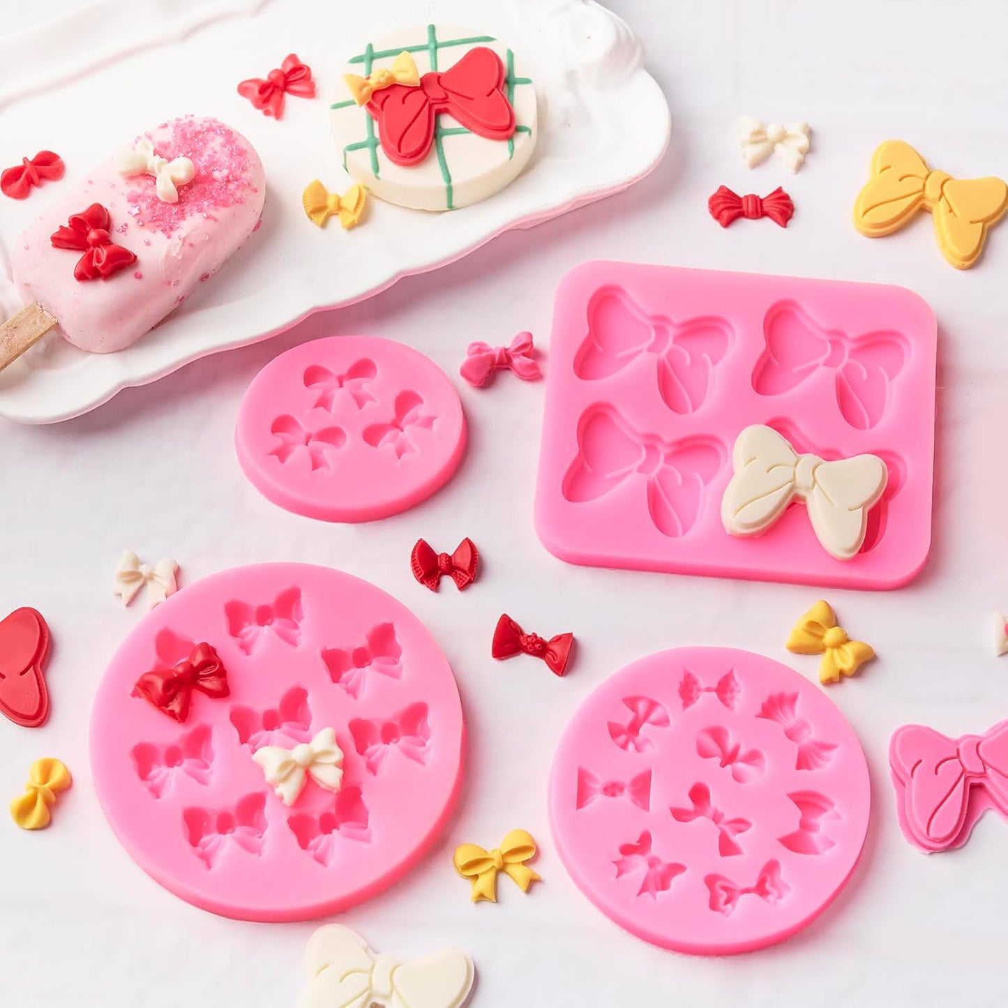 4 Pcs Bow Silicone Mold, Mini Bows Fondant Molds, Chocolate Candy Silicone Molds for Cupcake Topper, Cake Pop Decoration and Clay Craft Making