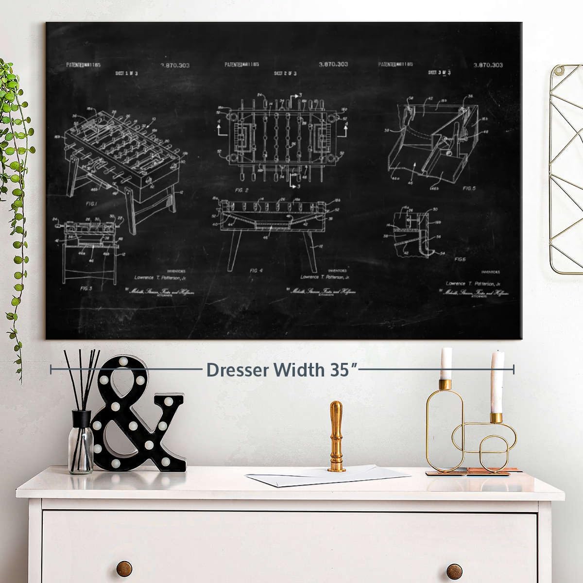 ElephantStock Soccer Table BW Patent Wall Art - Horizontal Wrapped Canvas - 1-Piece Living Room Wall Decor - Soccer Digital Art Canvas Print - Black and White Decor - 36" X 24"