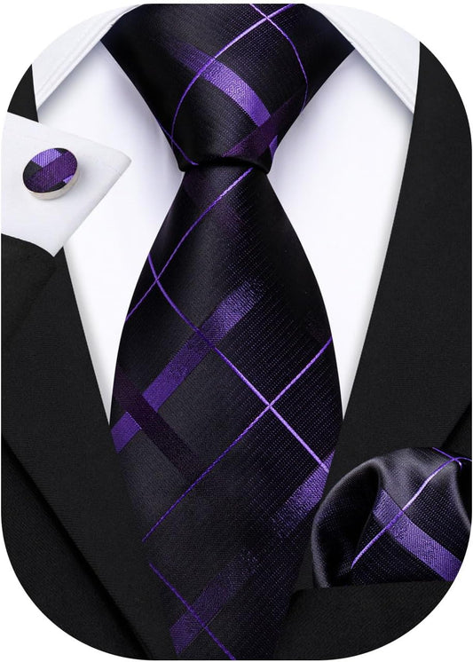 Barry.Wang Designer Classic Ties for Men Set Formal Pocket Square Cufflink Check Plaid