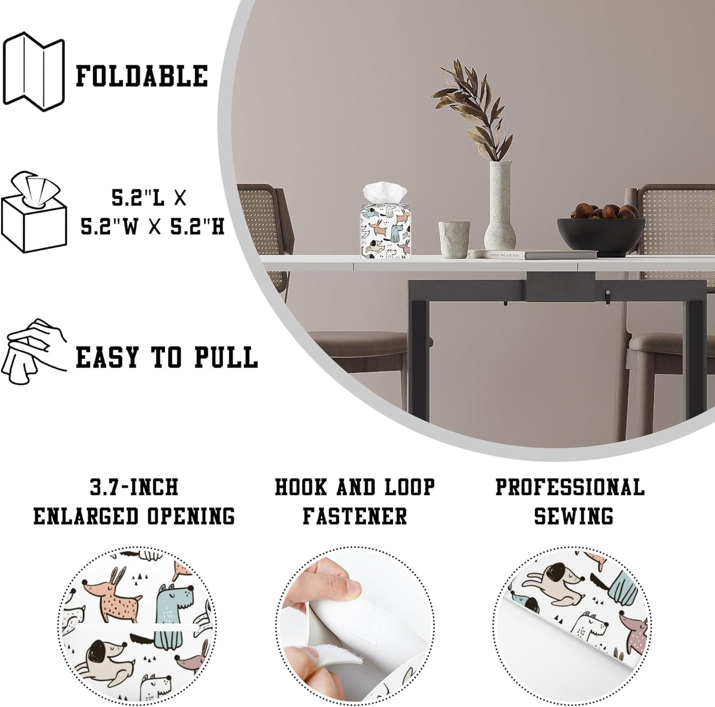 Cute Doodle Dogs Tissue Box Cover Square, Tissue Box Holder Leather Facial Paper Case Decorative Organizer Holder Dispenser Home Office Car Decor