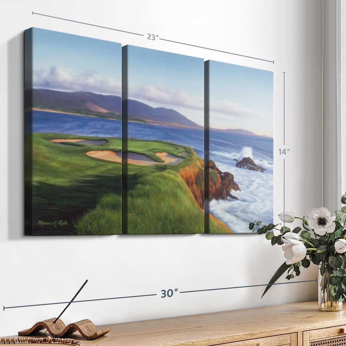 ElephantStock Pebble Beach 7th Hole Wall Art - Horizontal Canvas - 3-Piece Living Room Wall Decor - Painting Sports Canvas Print - Green and Blue Decor for Wall by Marci Rule - 23" X 14"