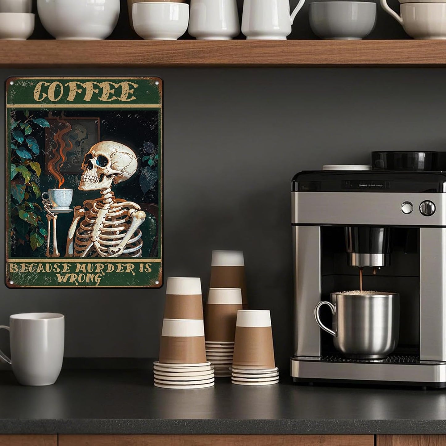 Vintage Coffee Skull Tin Sign Skeleton Old Fashioned Because Murder Is Wrong Metal Tin Sign Poster 12x16 Inch Home Restaurant Coffee Shop Wall Decor