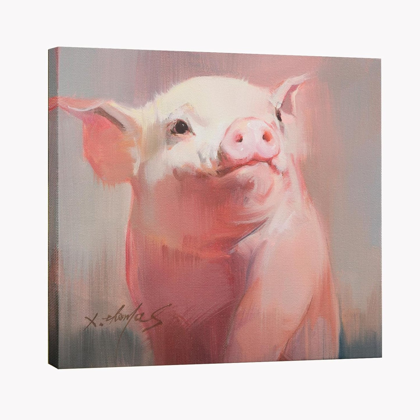 JZLDZS Cute Pink Pig Wall Art for Bathroom Nursery Decor, 12x12 Inch Ready to Hang Framed Farm Animal Canvas Print for Pig Lovers