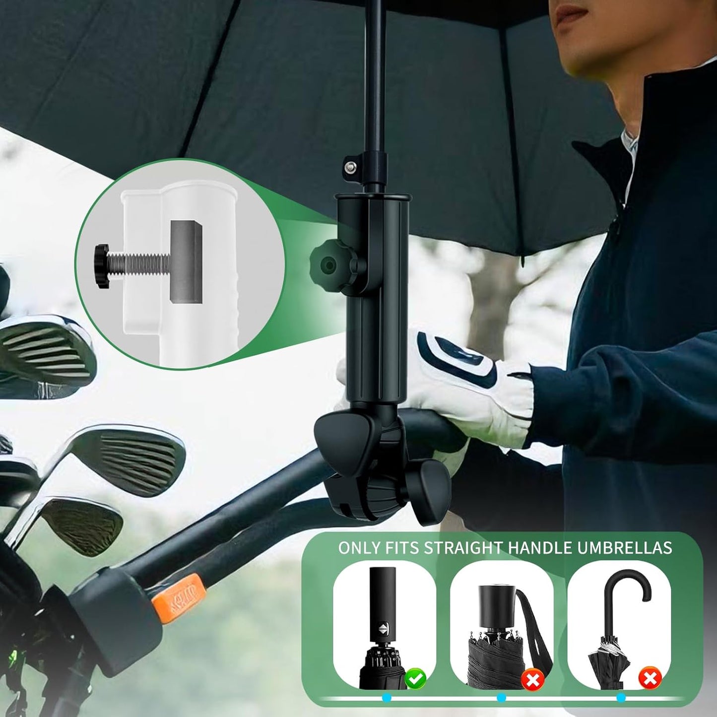 Golf Cart Umbrella Holder Compatible with Bag Boy, Heavy-duty Umbrella Stand, Aluminum Alloy Base Strong Windproof, Universal Mounting for Mobility Scooter, Stroller, Wheelchair, Beach Chair, Black
