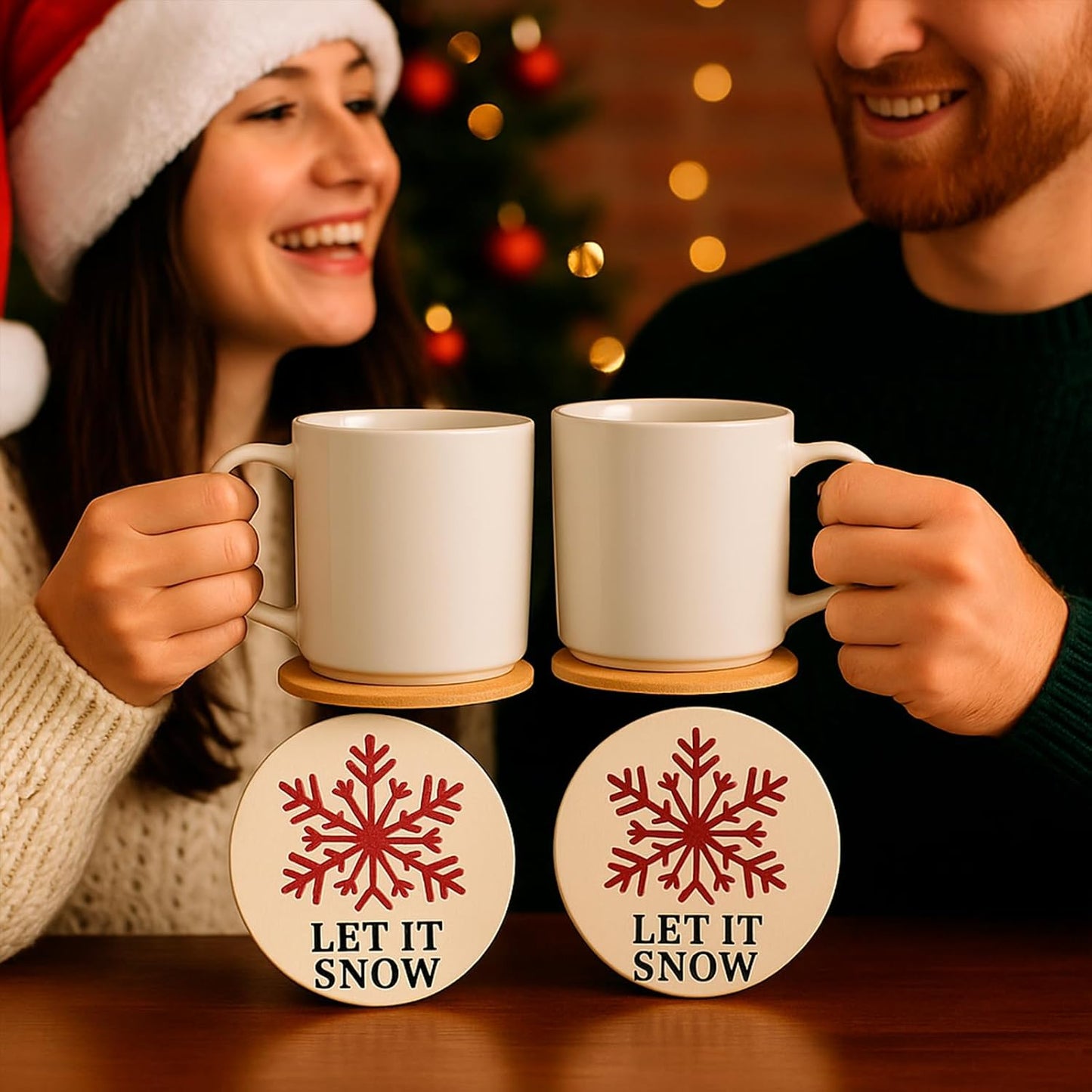 Let It Snow Christmas Coasters Set of 4,Absorbent Ceramic Drink Coasters with Non-Slip Cork Backing, Festive Red Snowflake & Holiday Phrase Design, Winter Coffee Table Protection & Gift Decor