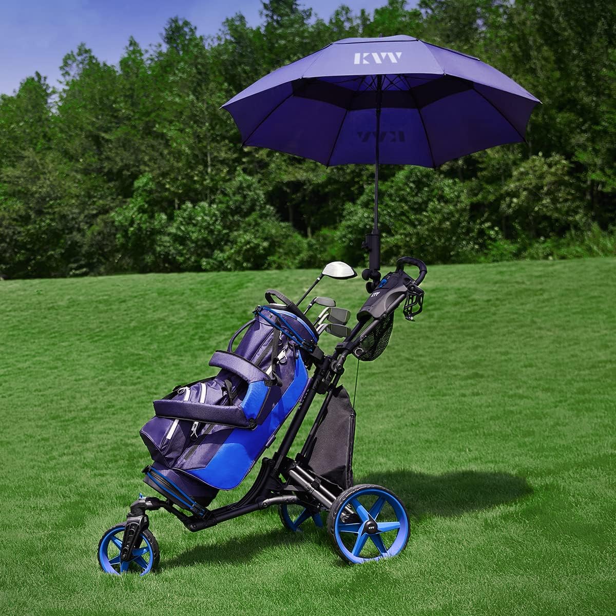 KVV 3 Wheel 360 Rotating Front Wheel Golf Push Cart Open and Close in ONE Second-Free Umbrella Holder Included