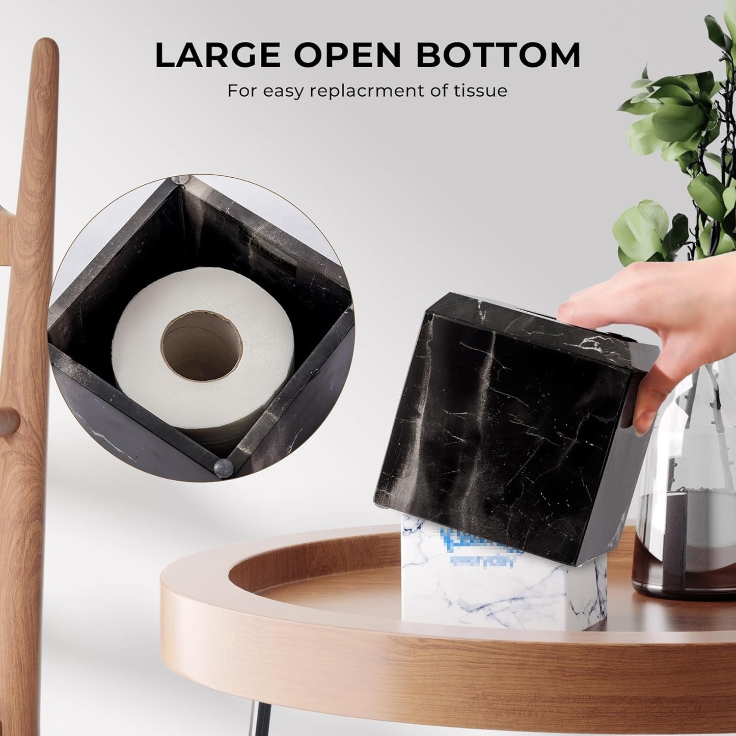 WORHE Tissue Box Cover Italy Natural Marble Heavy Duty Square Facial Toilet Paper Holder for Bathroom Living Room Bedroom Dresser Kitchen Minimalistic Office Home Decor Black (WH013)