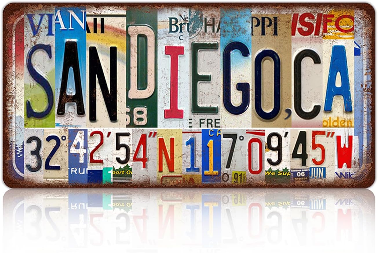 Vintage City License Plate San Diego,Ca Wall Decor Metal Tin Sign for Bar Home Bedroom 12 x 6 Inches （Including latitude and longitude）