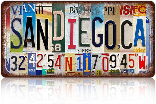Vintage City License Plate San Diego,Ca Wall Decor Metal Tin Sign for Bar Home Bedroom 12 x 6 Inches （Including latitude and longitude）