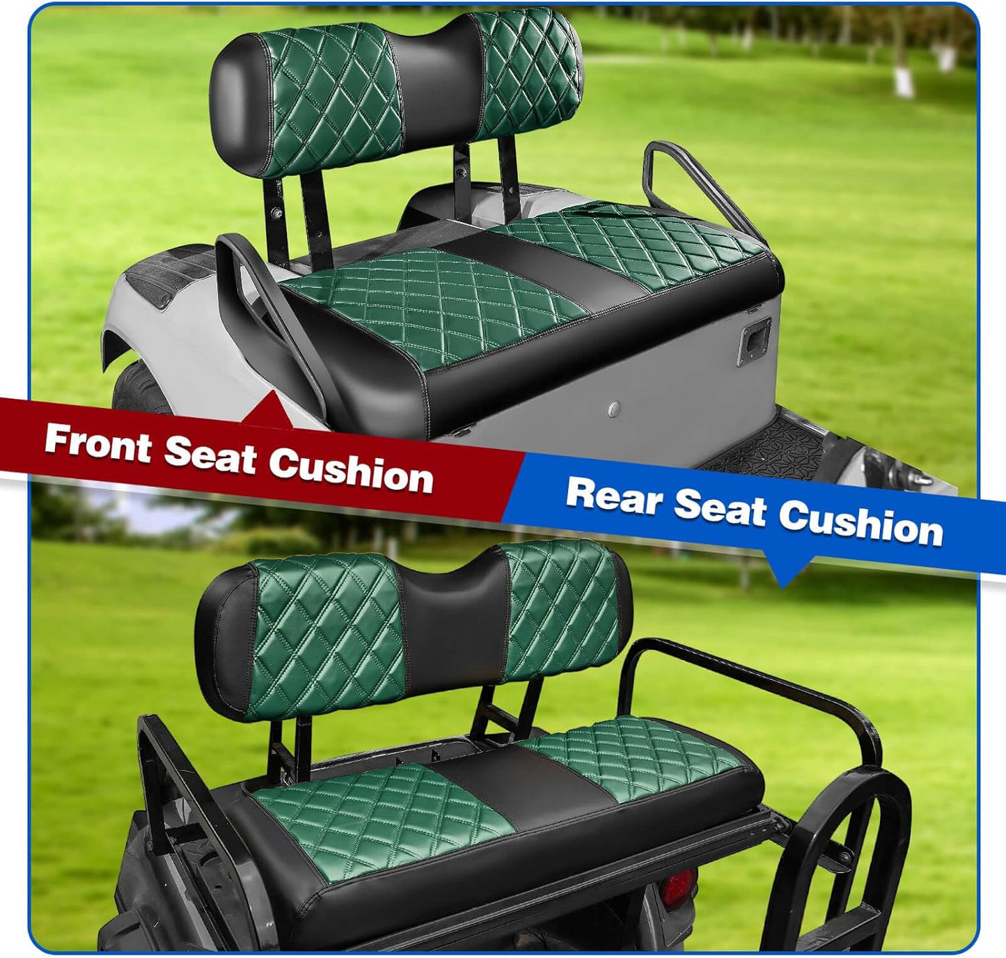 NOKINS 4PCS Golf Cart Diamond Seat Covers Kit, Front&Rear Seat Covers Fits EZGO TXT 1994-2013/EZGO RXV Standard Seat Cushion, EZGO Vinyl Seat Cover Accessories, No Staples (Dark Green&Black)