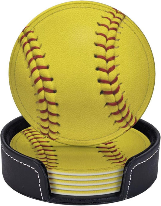 6 Pcs Softball Drink Coasters with Holder Coasters for Drinks Coffee Table Home Decor Housewarming Gift