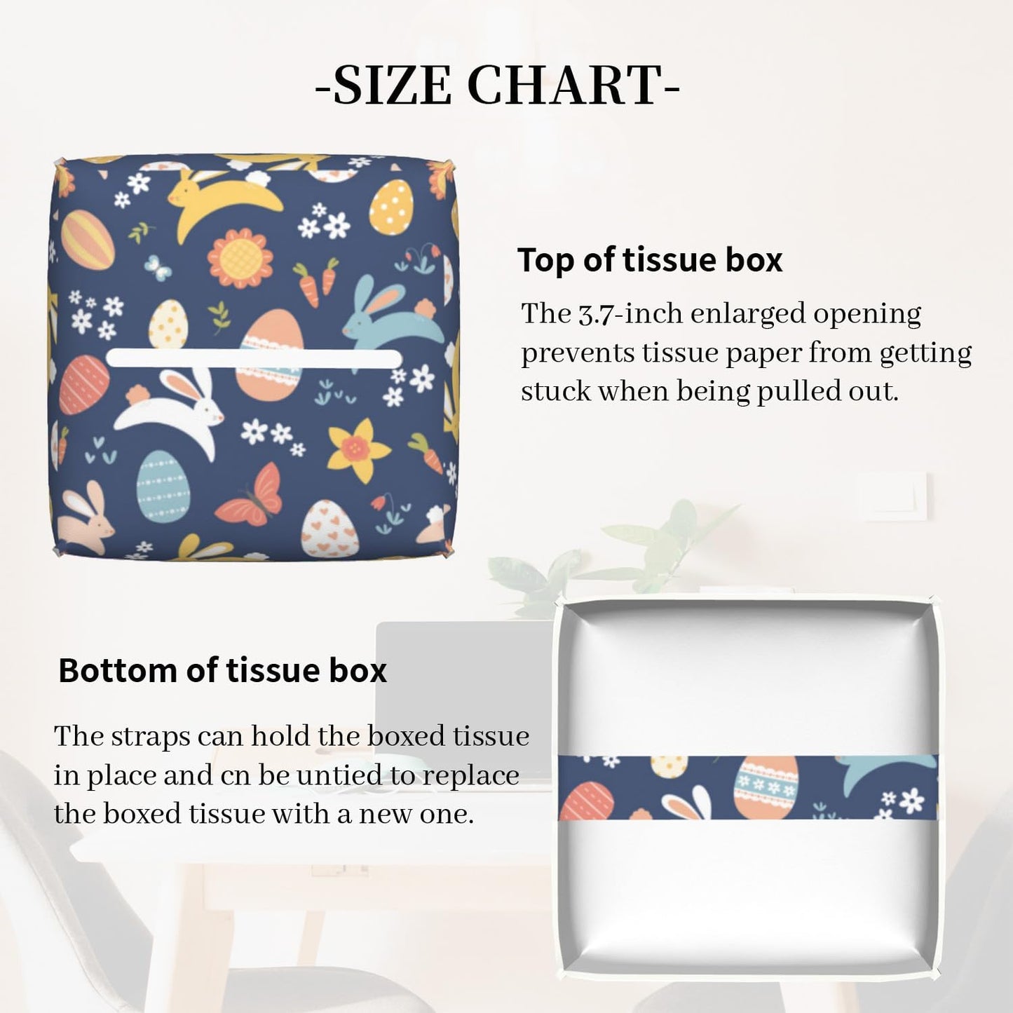 Tissue Box Cover Holder, Colorful Easter Bunnies Eggs and Flowers PU Leather Square Tissue Box Cover Decorative Organizer for Bathroom Kitchen Bedroom Vanity Countertop Night Stands
