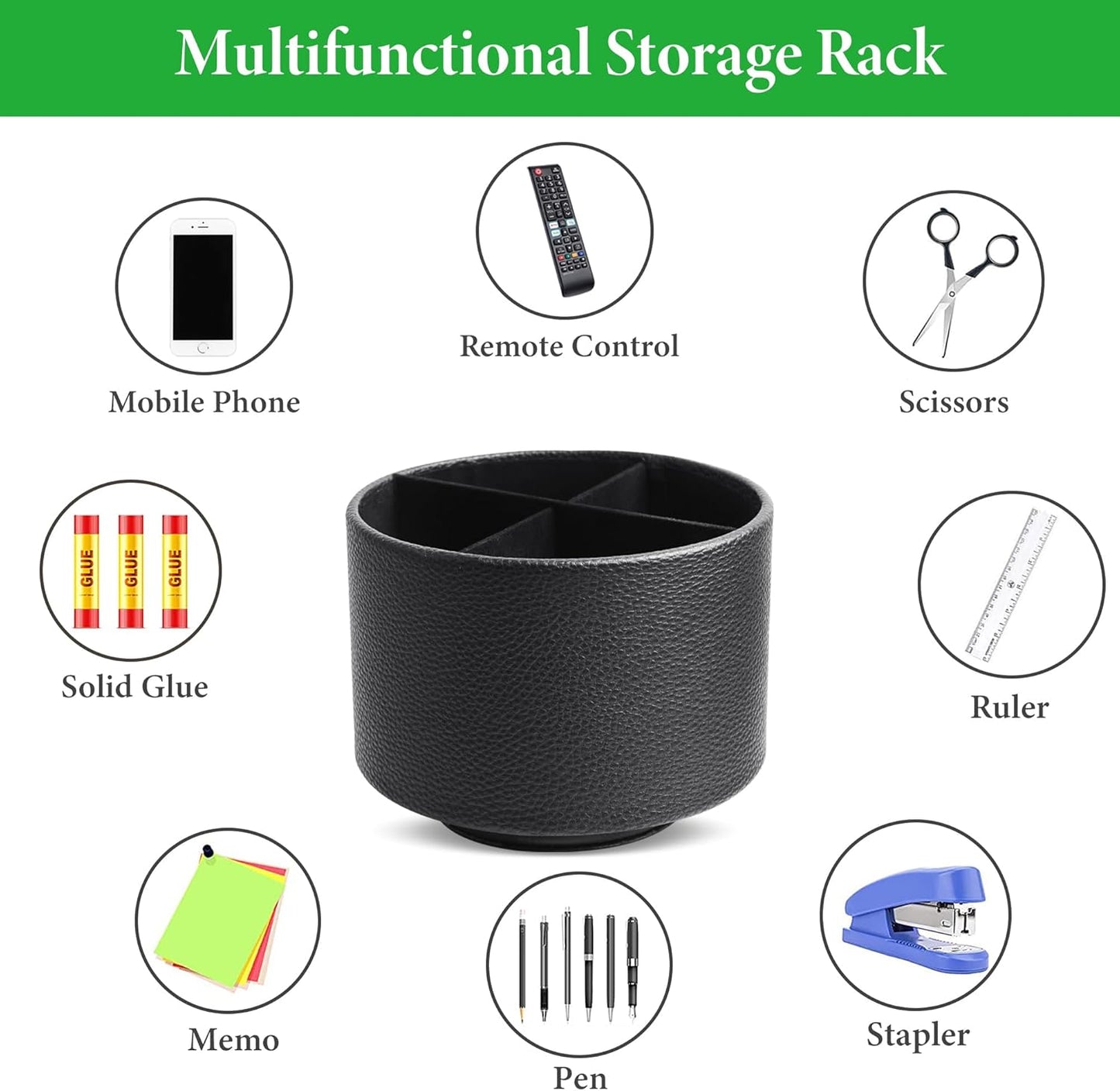 Hennaja Round Leather Art Supply Organizer,Remote Control Holder,360 Degree Spinning,Multi-Functional Pencil Holder,4 Compartments Desktop Stationary Organizer(1-Lichee Black)