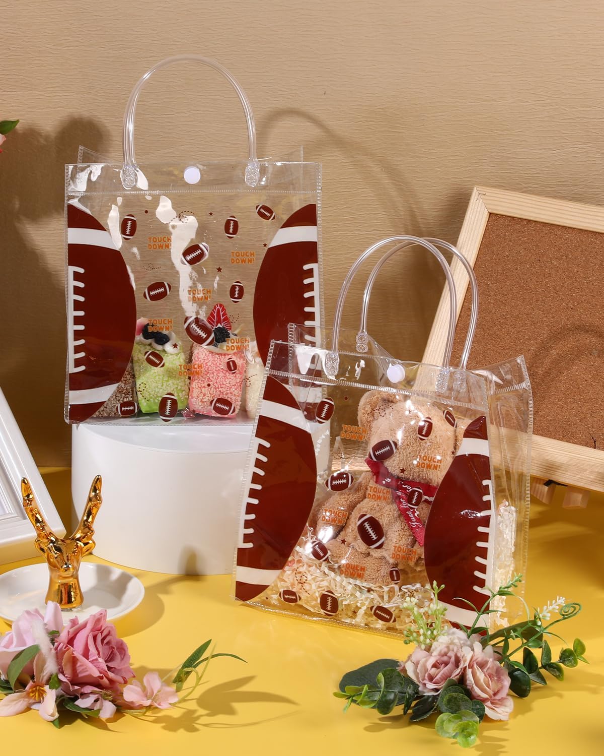 Clear Football Favor Bags with Handles - 24 Pack Football Gift Bags, Transparent PVC Goodie Bags for Sports Theme Birthday Holiday Team Events (8 x 8 x 3.2Inch)