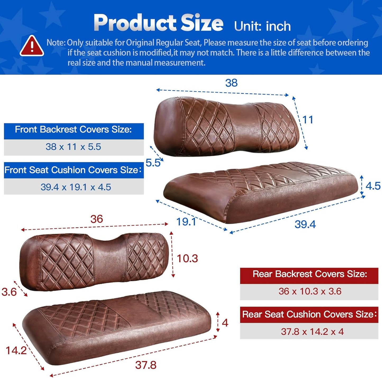 NOKINS 4PCS Golf Cart Diamond Seat Covers Kit, Front and Rear Seat Covers Fits Club Car DS 2000.5-Up Standard Seat Cushion, Club Car DS Vinyl Seat Covers Accessories (Brown Brown 8438)