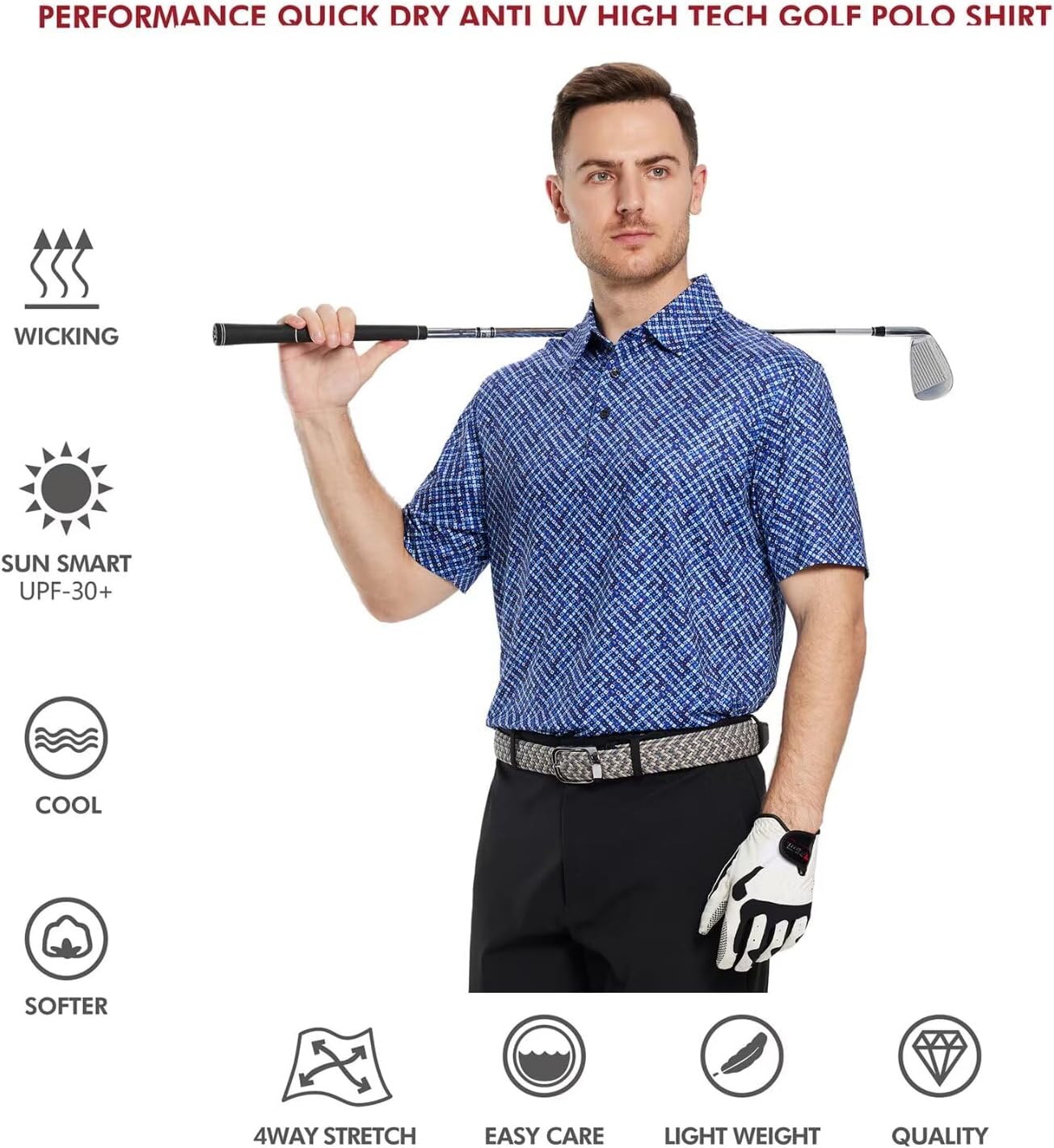 Golf Shirts for Men Dry Fit Short Sleeve Print Performance Moisture Wicking Polo Shirt