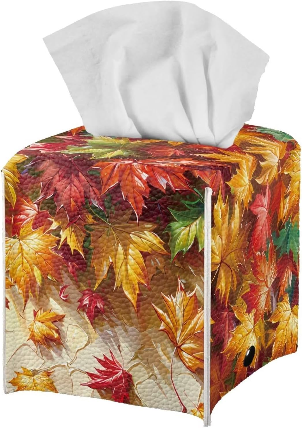 Maple Leaf Tissue Box Cover PU Leather Square Tissue Box Case Thanksgiving Theme Organizer Holder Foldable Waterproof Facial Paper Dispenser Easy to Install