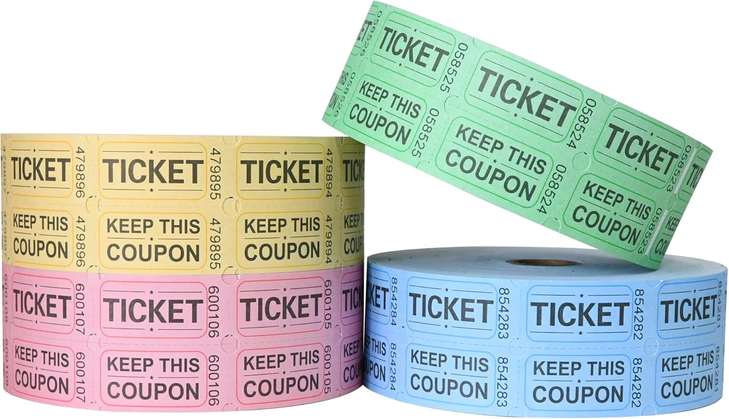 ESSENTIAL 8000 Assorted Double Raffle Tickets Rolls Set of 4 Assorted Colors Raffle Tickets Printable for Leisure, Movie Watching, Entertainment