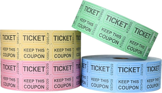 ESSENTIAL 8000 Assorted Double Raffle Tickets Rolls Set of 4 Assorted Colors Raffle Tickets Printable for Leisure, Movie Watching, Entertainment