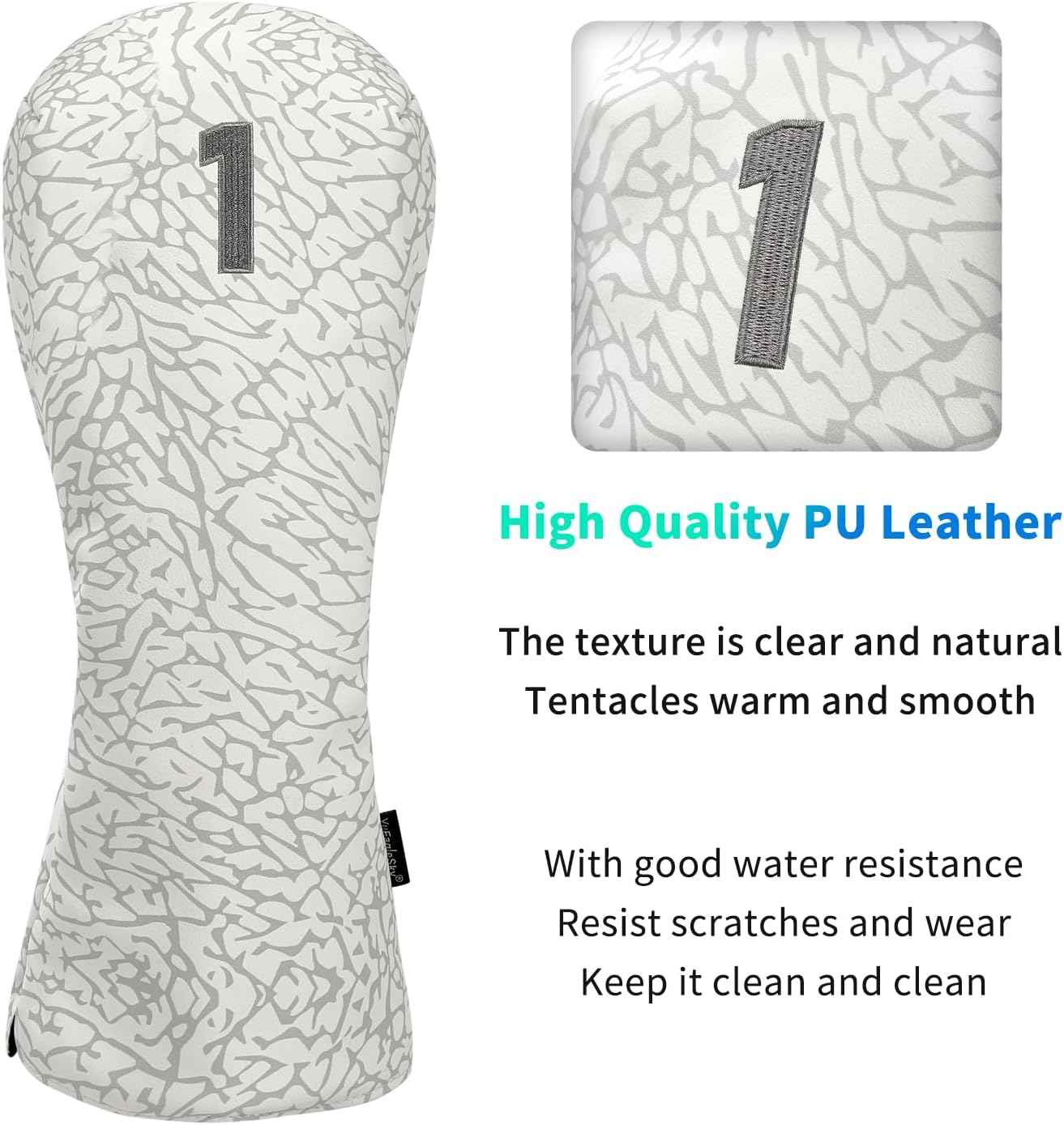 Golf Driver Head Covers 3-Pack for Men & Women - Premium PU Leather with Elephant Embroidery, Double Elastic Band (Driver/Fairway/Hybrid), Waterproof & Durable - White Grey or Black Grey