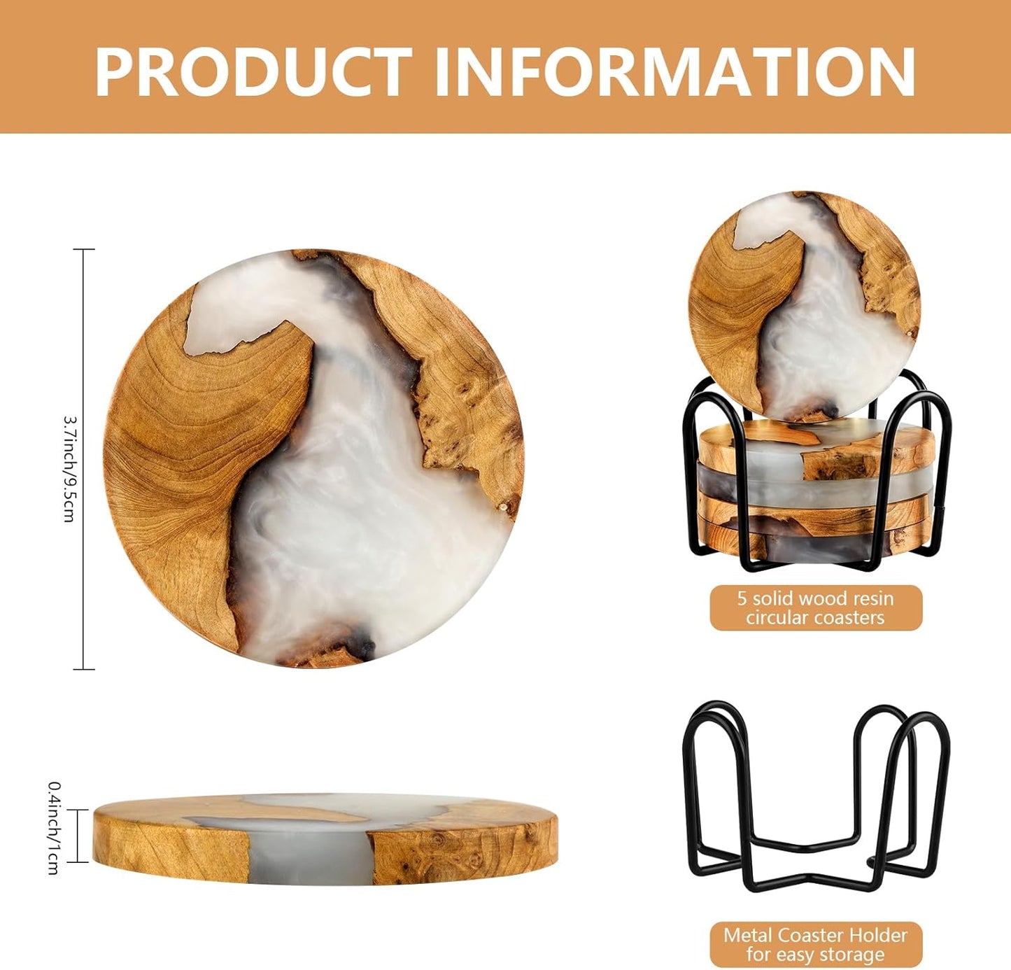 Drink Coaster Set, Wooden Absorbent Coasters, Epoxy Resin Coaster for Coffee Table, Tabletop Protection Decor, Set of 5 with Holder