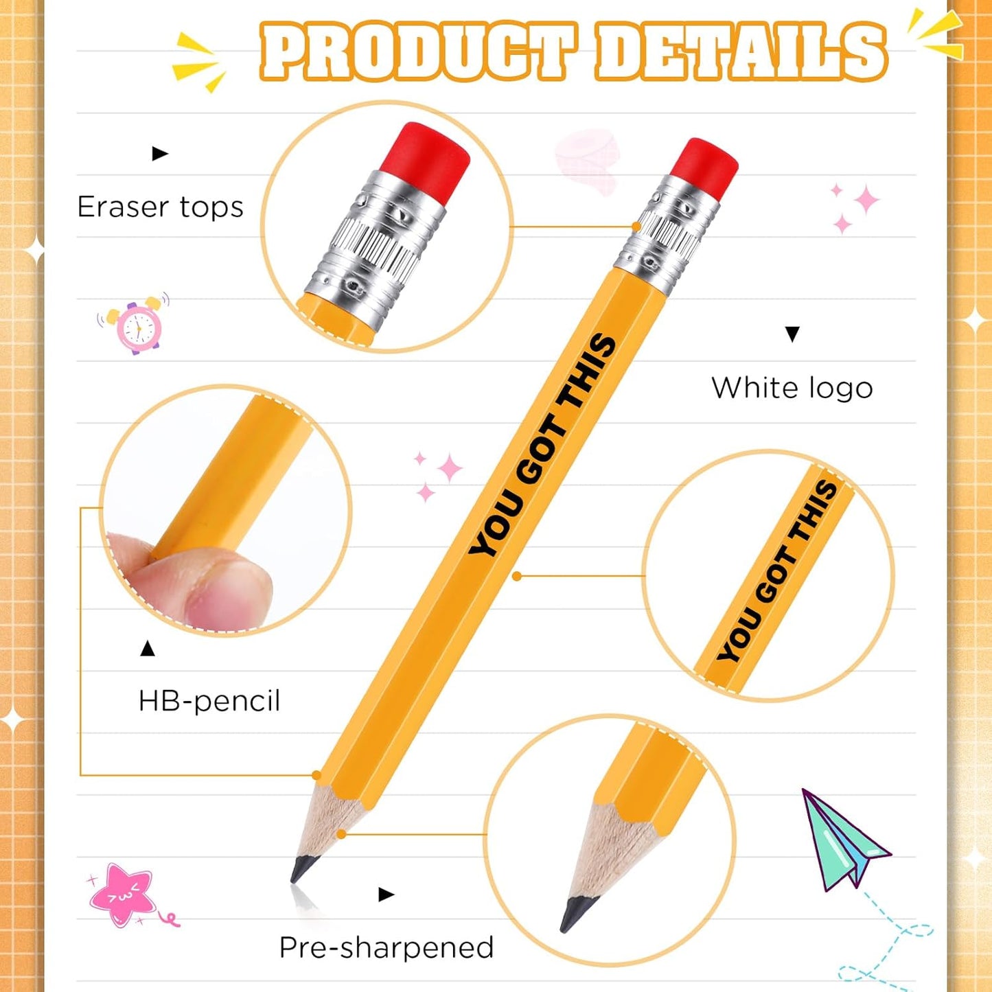 Jetec 100 Pcs Mini Pencils Bulk Inspirational Golf Wooden Half Pencils with Eraser and Motivational Sayings Back to School Gifts for Kids Student Teacher First Day of School(Yellow Color)