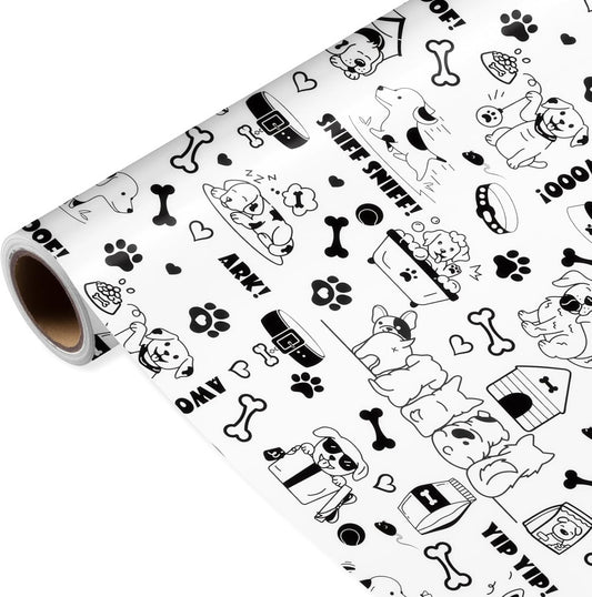 Dog Wrapping Paper Roll - Puppy Theme Gift Wrap Black&White Paws Gift Packing Paper for Pet Parties,Birthdays,Adoption Celebrations,17Inch x16.4Feet