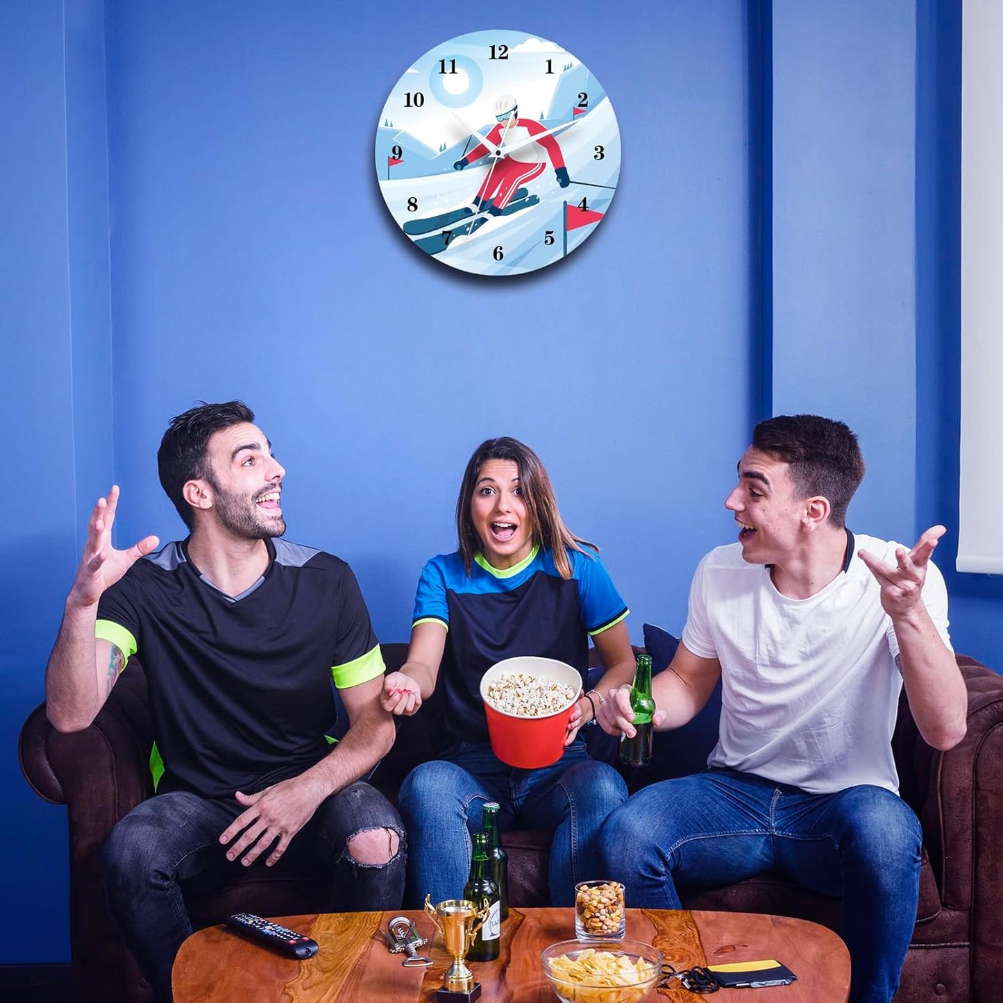 12 Inch Sports Wall Clocks with Silent Clock Movement and Battery Operated, Great Decor for Bedroom, Living Room or Classroom (Skiing Wall Clock)