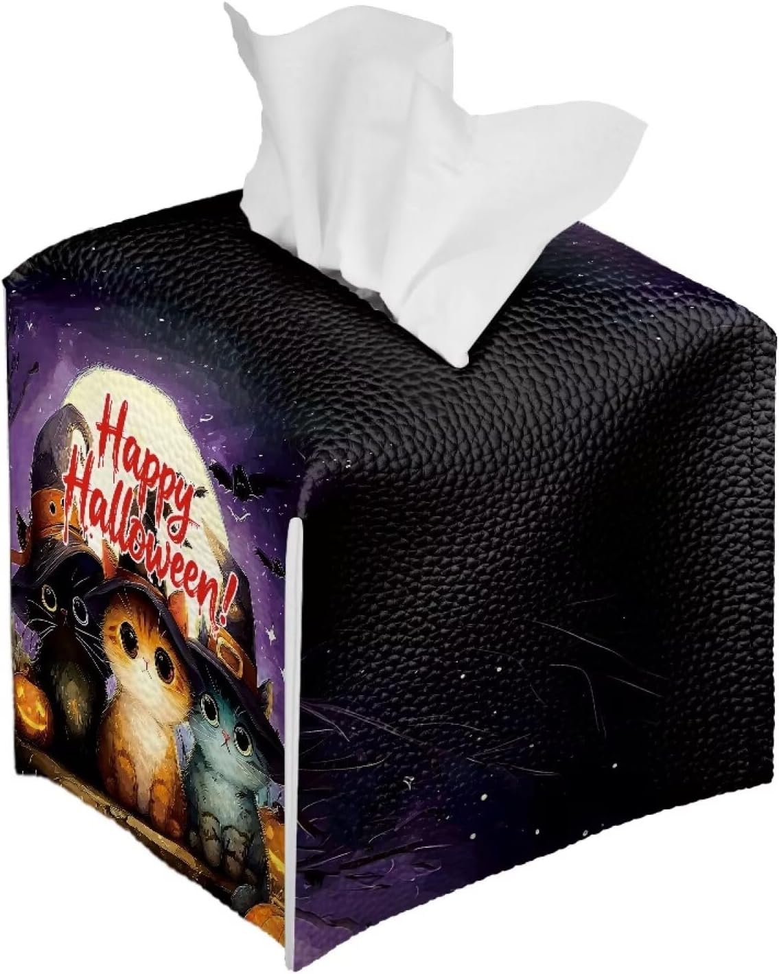 Happy Halloween Tissue Box Cover Square Tissue Box Holder 5x5x5 inch Napkin Dispenser Organizer with Cat Print Holiday Home Decor for Car Office Living Room