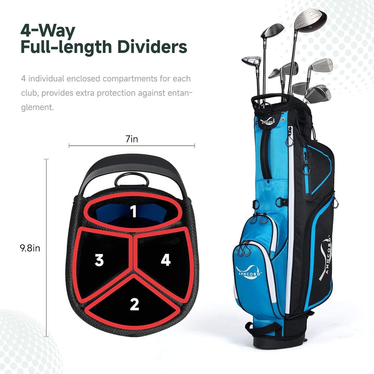 Golf Stand Bag with 4 Way Full Length Dividers, 4.4 Lbs Lightweight Golf Bag for Men Women, Waterproof Golf Carry Bags w/Stand, 7 Pockets & Cooler Pouch, Dual Straps, Rain Hood