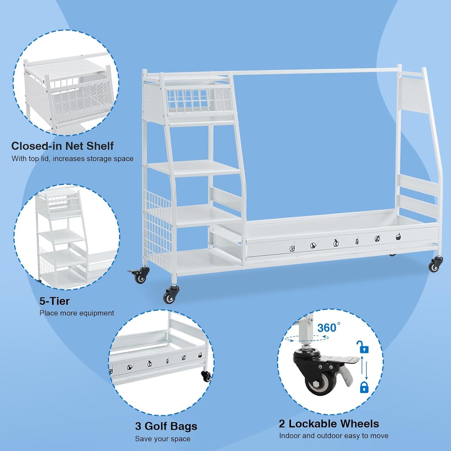 Lauren&Harold Golf Bag Organizer Garage Storage, Golf Storage Rack Stand Fits 2 Golf Bags, Golf Clubs and Other Golfing Equipment Accessories, Golf Organizer for Garage, Club, Shed, Basement