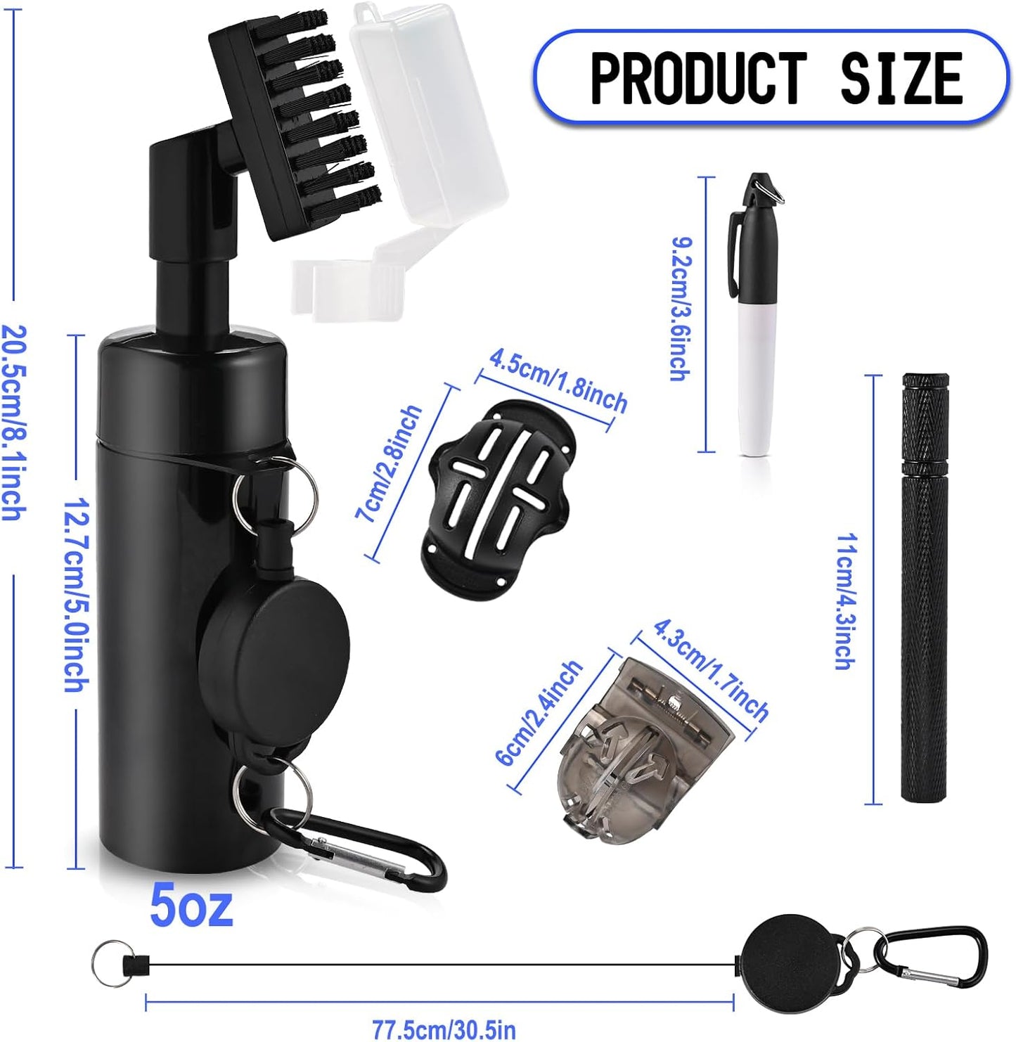 GOLDGE 10pcs Complete Golf Essentials Kit - Including Pro Club Brush Cleaner with Retainer Clip, Squeeze Water Bottle, Groove Sharpener & 8 Pcs Precision Ball Markers (4 Stencils & 4 Markers)