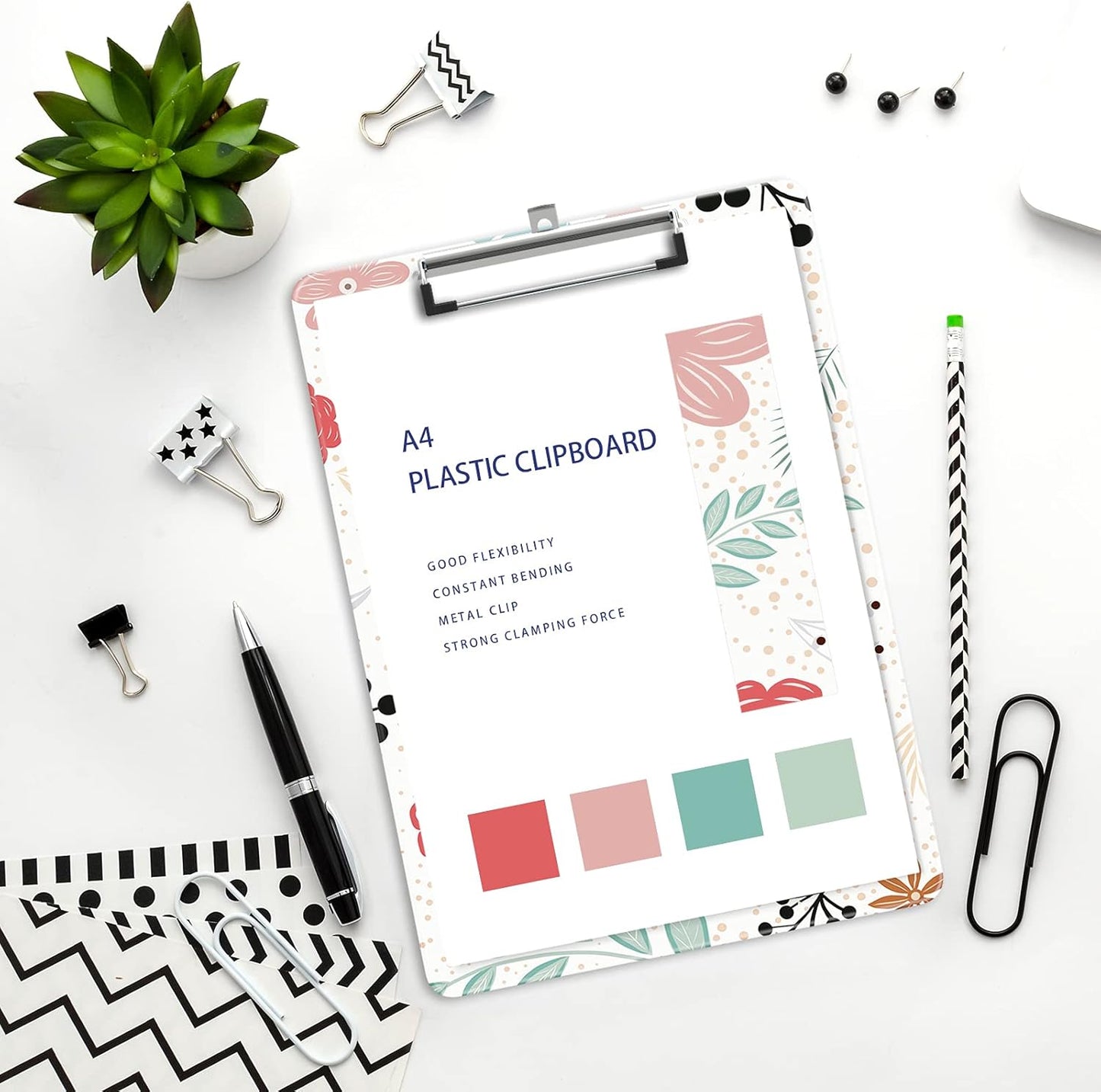 Plastic A4 Clipboards, Cute Clip Board Stardard Letter Size 9 x 12.5 in, Office Decorative for Students Women Men and Kids, Flowers