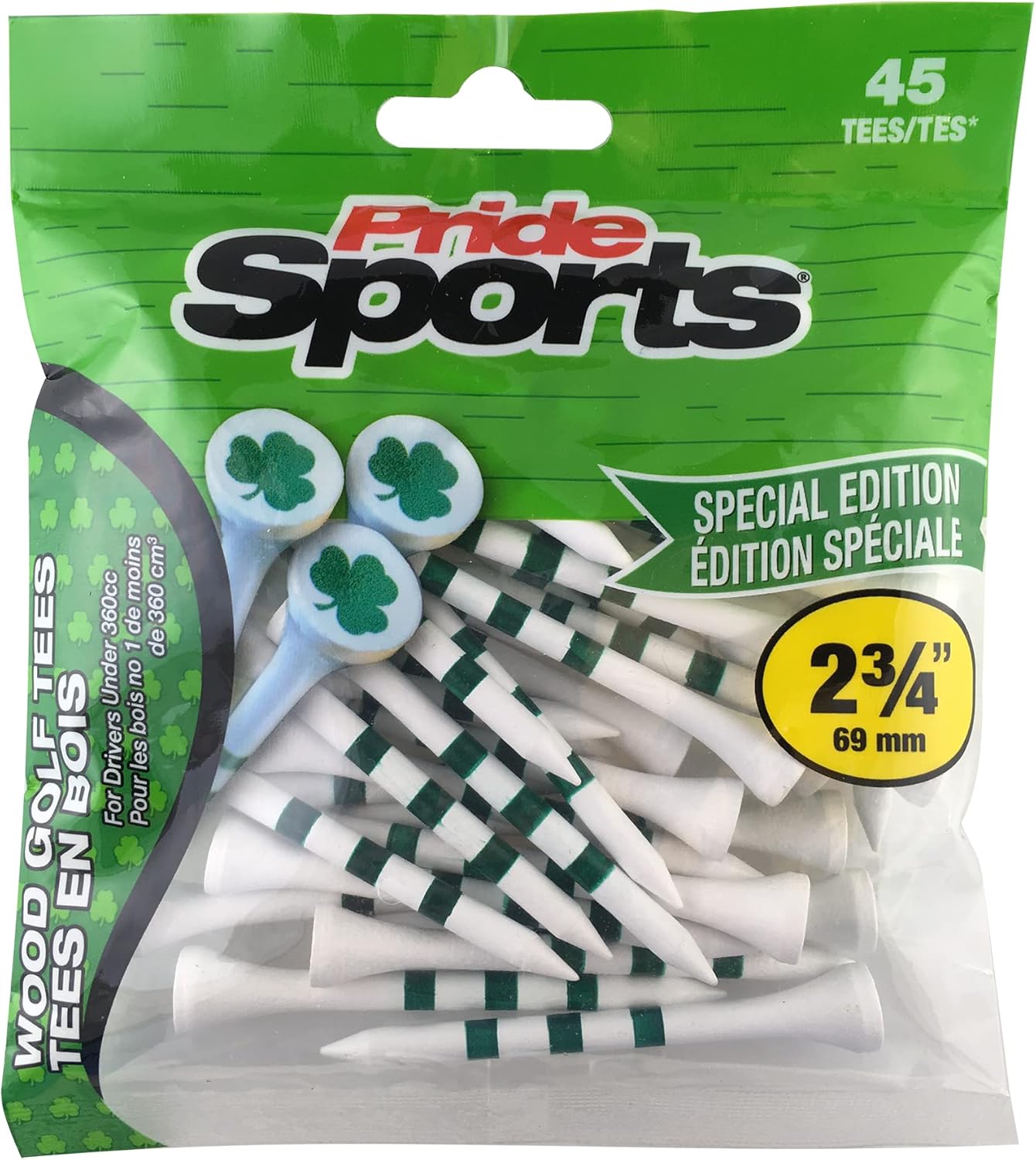 PrideSports Shamrocks Wooden Golf Tees - 2-3/4 Inch, 45 Count - Special Edition - Perfect for St. Patrick's Day