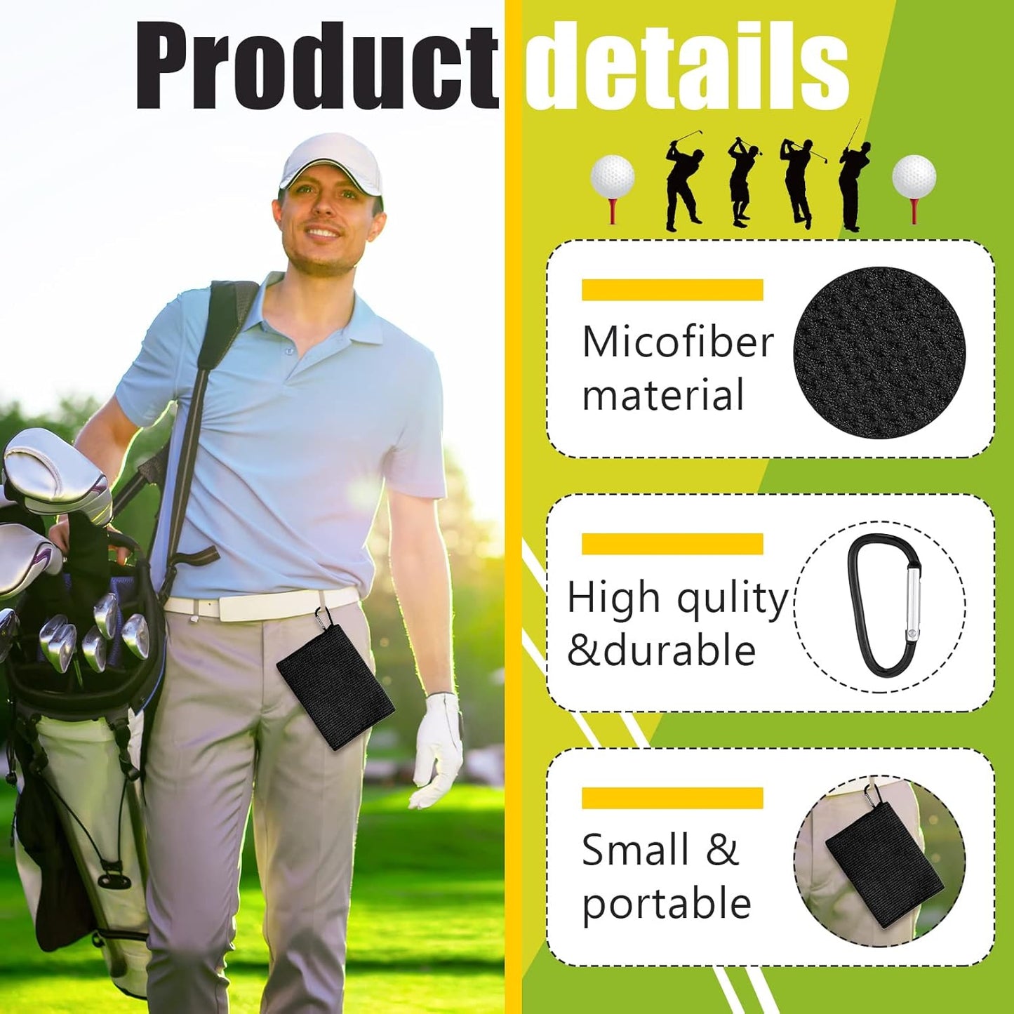 Cindeer 6 Pack Large Golf Towels, 16" x 24" Tri-fold Golf Towels, Microfiber Fabric Waffle Pattern Golfing Towel Portable with Heavy Duty Clip for Golfing Bag Remove Sand Dirt Mud Sweat(Black)