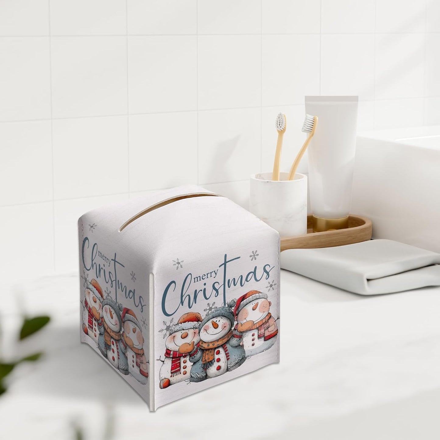 Christmas Snowman Tissue Box Holder, Cute Snowman Family Christmas Leather Tissue Box Cover Square, Paper Facial Decorative Tissues Cover for Night Stands Bathroom Office Home Decor-B03
