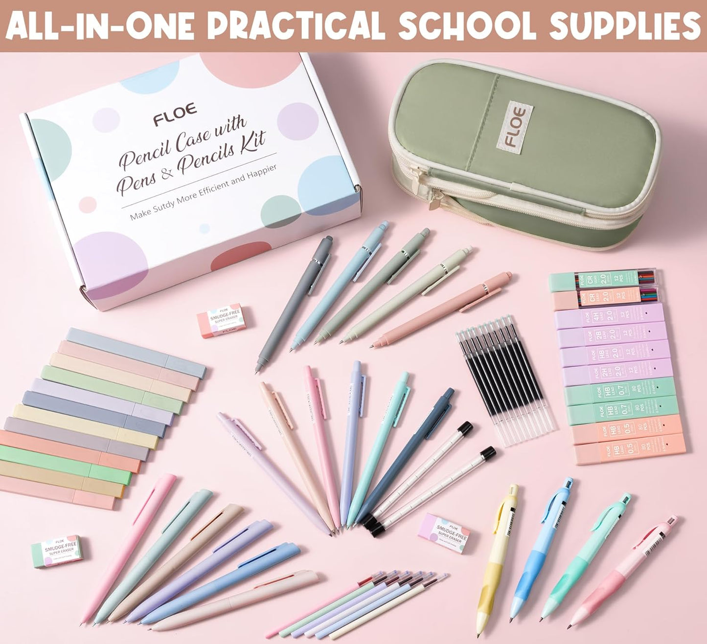 65PCS Aesthetic School Supplies with Cute Pencil Case, Pastel Highlighters Gel Pens Mechanical Pencils Set 0.5 0.7 & 2.0mm, Office Back to School Supplies College Essentials Kit Student Stationary Set