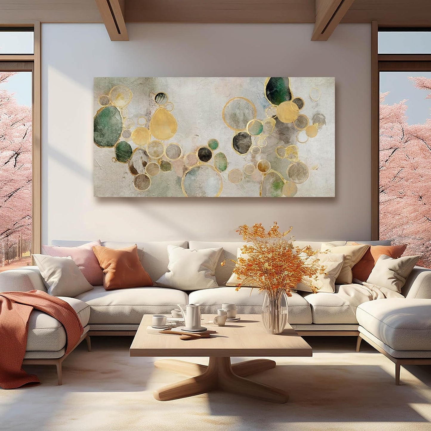 YJYart Large Abstract Canvas Wall Art Green and Gold Decorative Painting 29"x58" Picture Prints Colorful Canvas Wall Art for Kitchen Office Bedroom