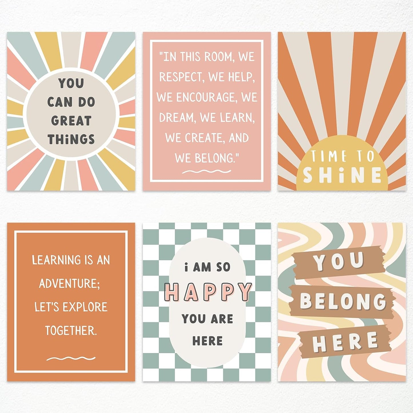 Set of 6 Boho Inspirational Classroom Posters, Positive Affirmations Growth Mindset Canvas Wall Art, Modern Classroom School Posters Wall Decor, Bulletin Board Educational Decor 8x10in Unframed