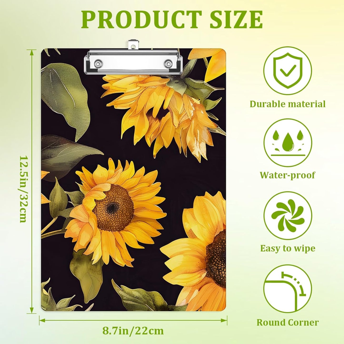 Watercolor Sunflowers Clipboard,Decorative Acrylic Clipboard with Low Profile Metal Clip for Office,School,Teachers,Students Standard Letter Size 9x12.5
