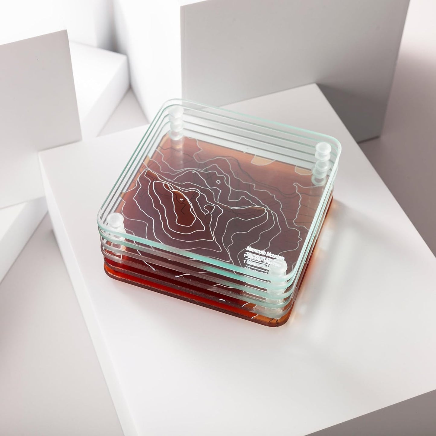 Mammoth Mountain 3D Contour Map Glass Drink Coasters of Mountains, Ski Resort, Set of 6 with Holder, Housewarming Birthday Gifts, Home Decor