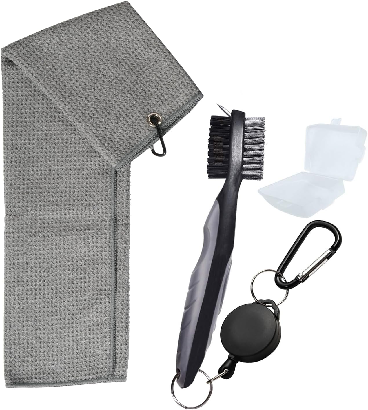 Golf Towels, Golf Towel and Brush Set, with Microfiber Waffle Design Golf Towel 16" X 24" with Hook and Loop Fastenerl and Retractable Zip-line Golf Club Brush (Grey)