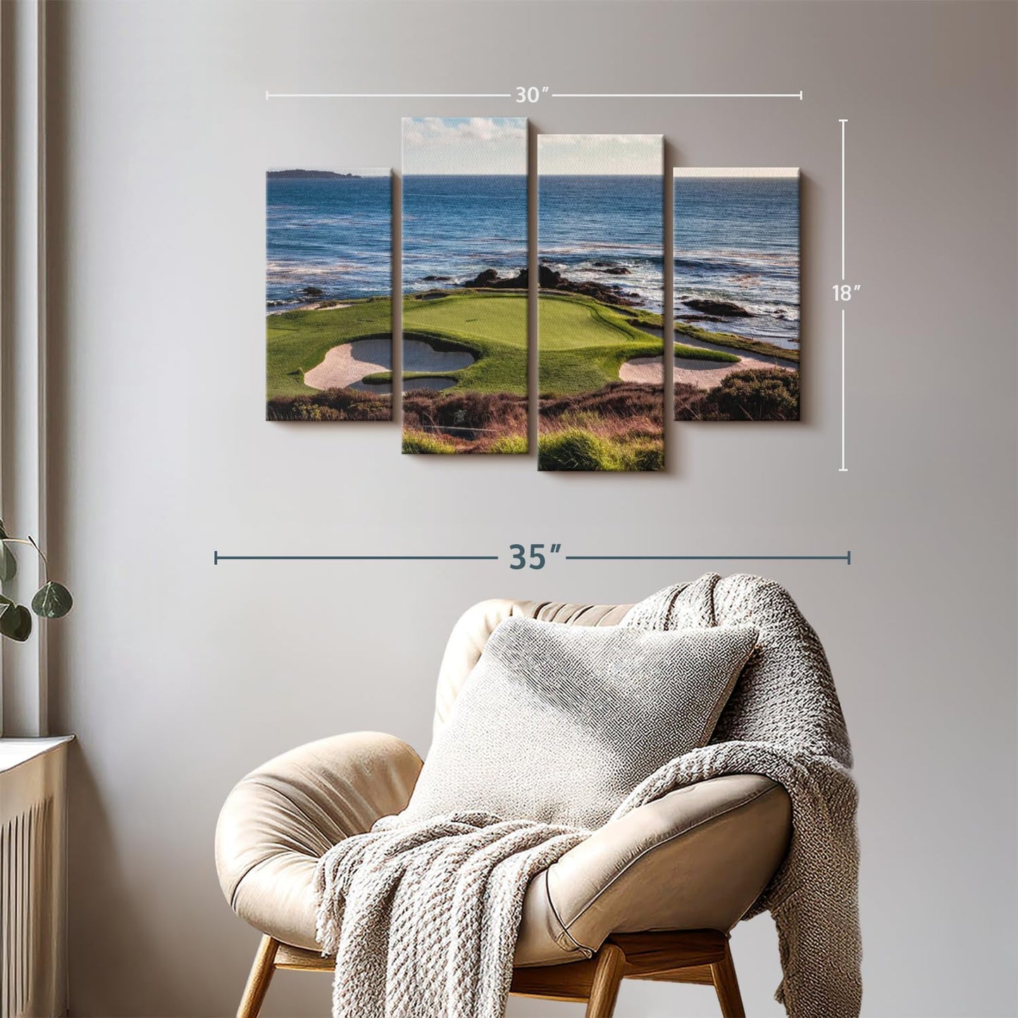 Elephant Stock California Coastline Golf Course Wall Art - Horizontal Canvas - 4-Piece Living Room Wall Decor - Photography Sports Canvas Print - Brown and Beige Decor for Wall - 30" X 18"