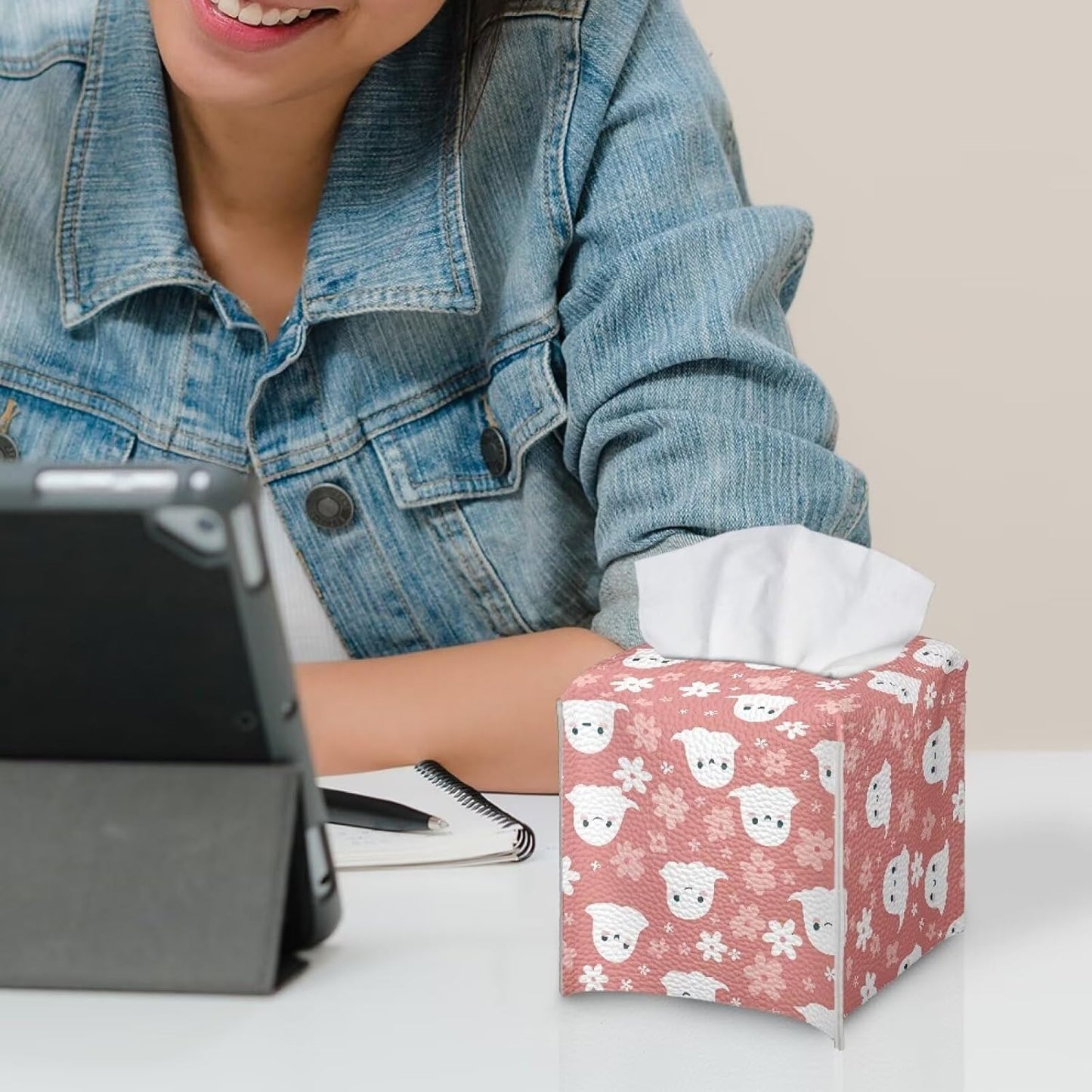 Halloween Cute Ghost Flowers Tissue Box Cover Square 5x5x5 with Bottom Belt Refillable Soft PU Leather Tissue Cover Decorative Organizer Indoor Decorations for Night Stands