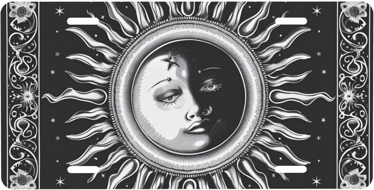 Front License Plate for Car Designs Ethnic Yinyang Sun Moon Stainless License Plate Cover Holder for Men Women Metal Aluminum Decorative Accessory Vanity Tag Standard 6 X 12 Inch (4 Holes)